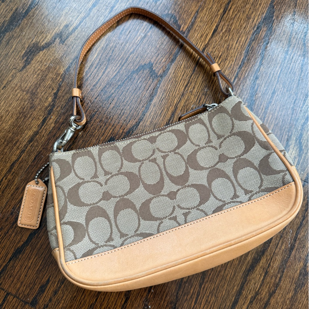 Vintage Coach Signature Pattern Hampton Demi Mini Bag in Brown and Tan.